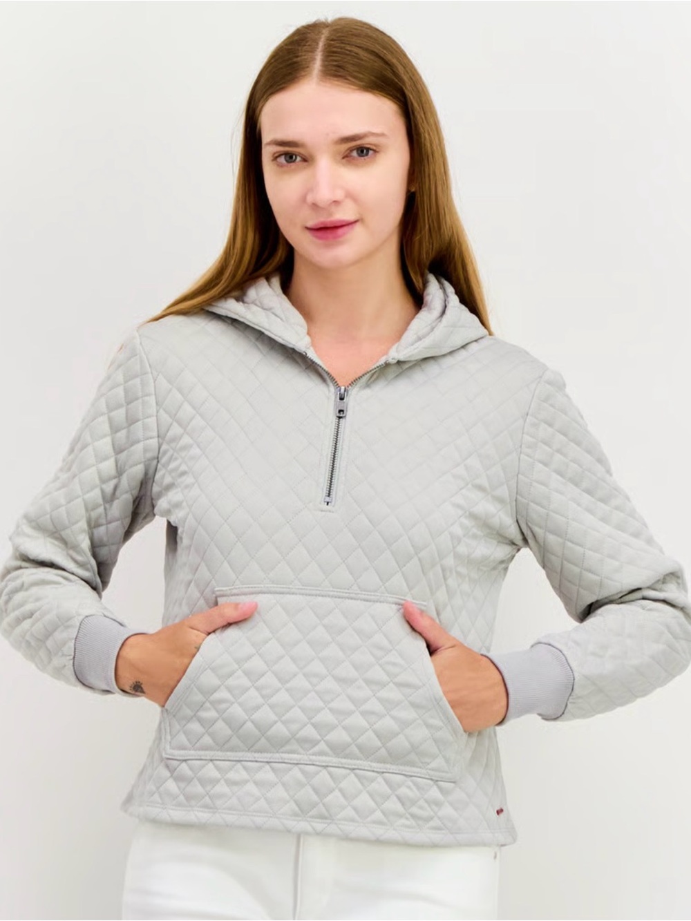 Philanthropy Grey Ale Quilted Half-Zip Pullover Hoodie - Women Large Athleisure
